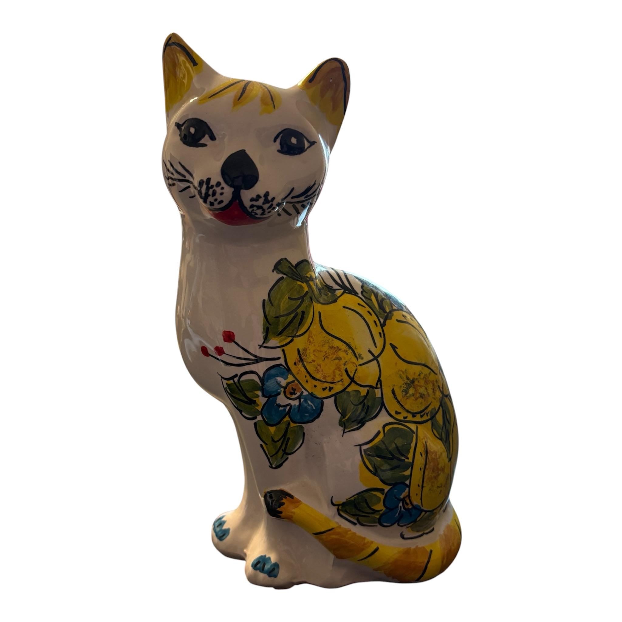 Hand-Painted Ceramic Cat Ornament | Fruit Floral Mediterranean Home Decor