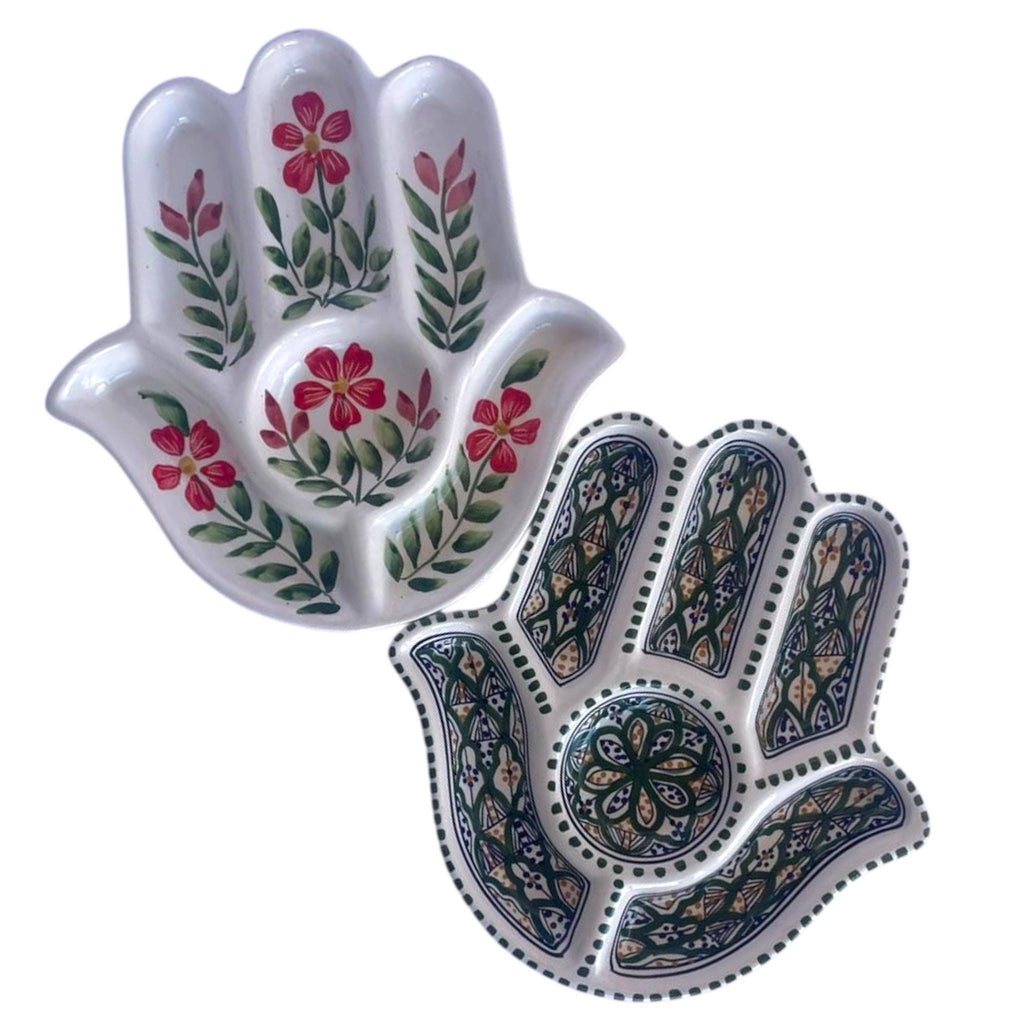 Handmade Tunisian Ceramic Hamsa Serving Platter – Emerald Green & Ochre