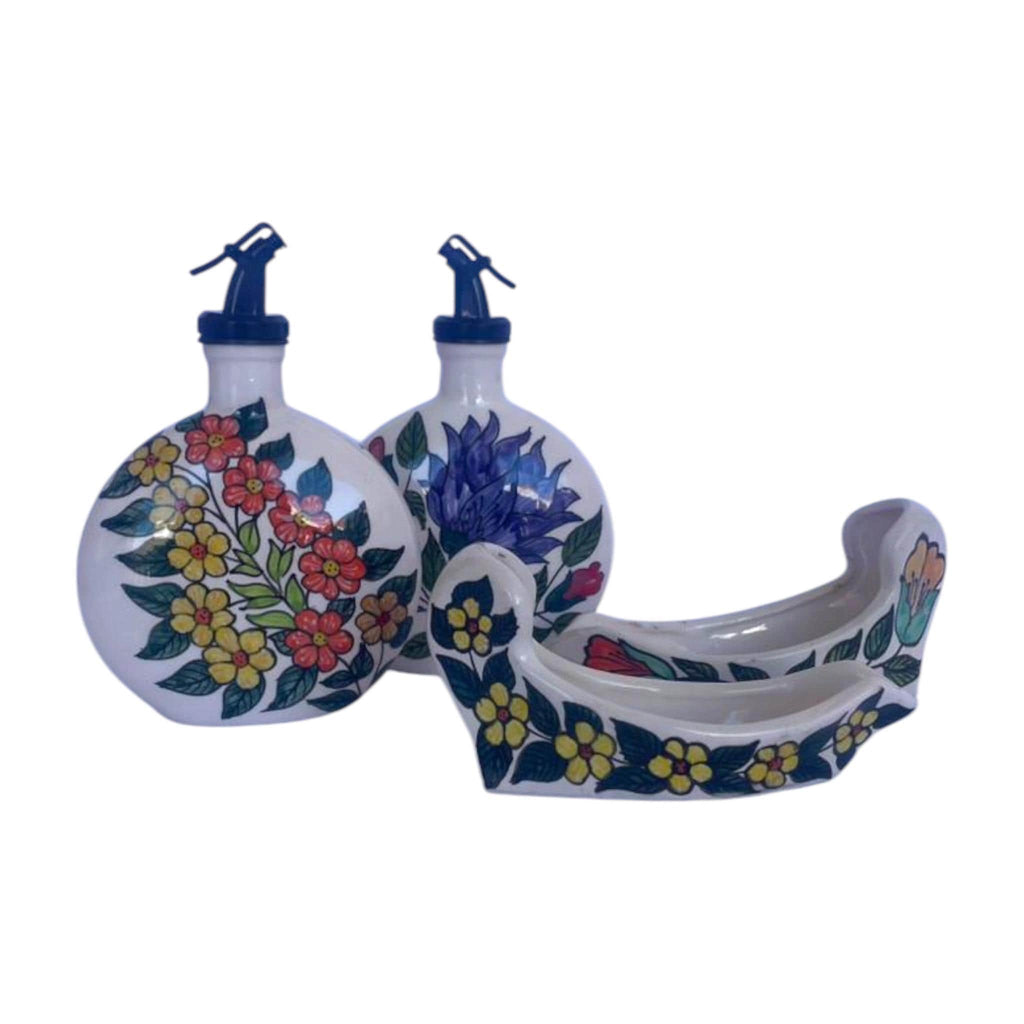 Hand-Painted Ceramic Oil Bottle - Tunisian Olive Oil Dispenser with Stand