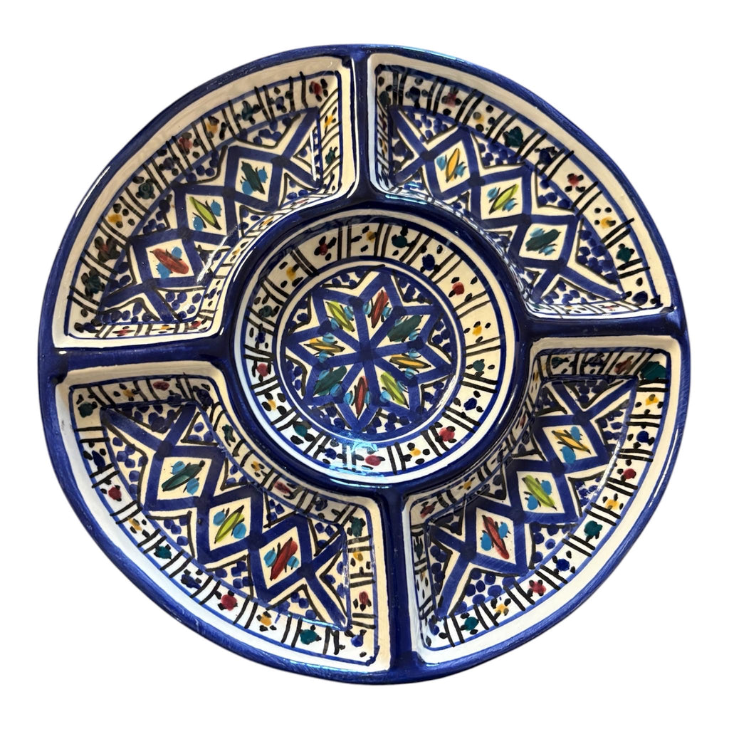 Hand-Painted Tunisian Ceramic Serving Platter | Divided Mezze Dish with Dip Bowl