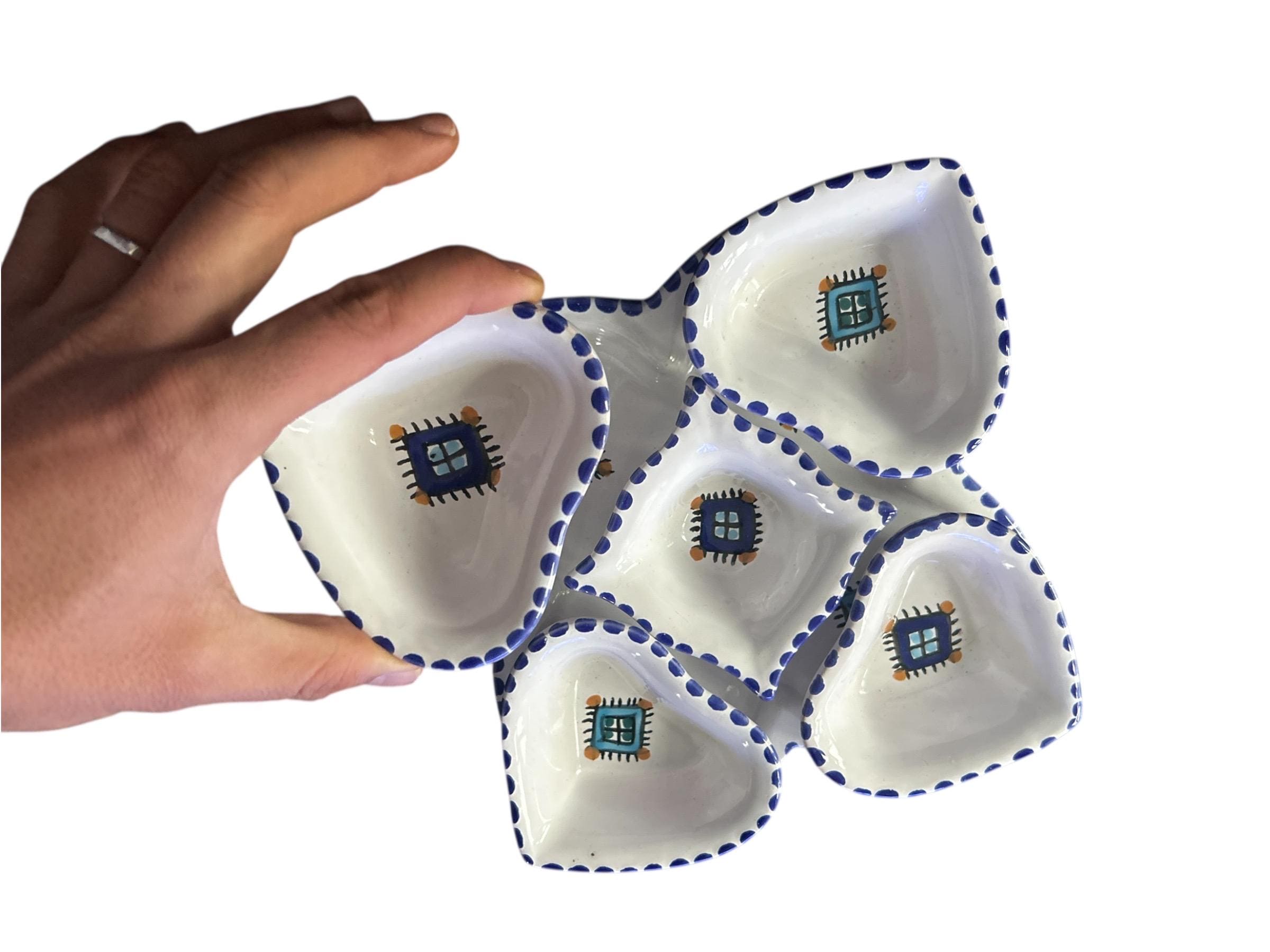 Heart Shaped Snack Dish Set | Handmade Ceramic Mezze Serving Tray | Blue & White Entertaining Platter