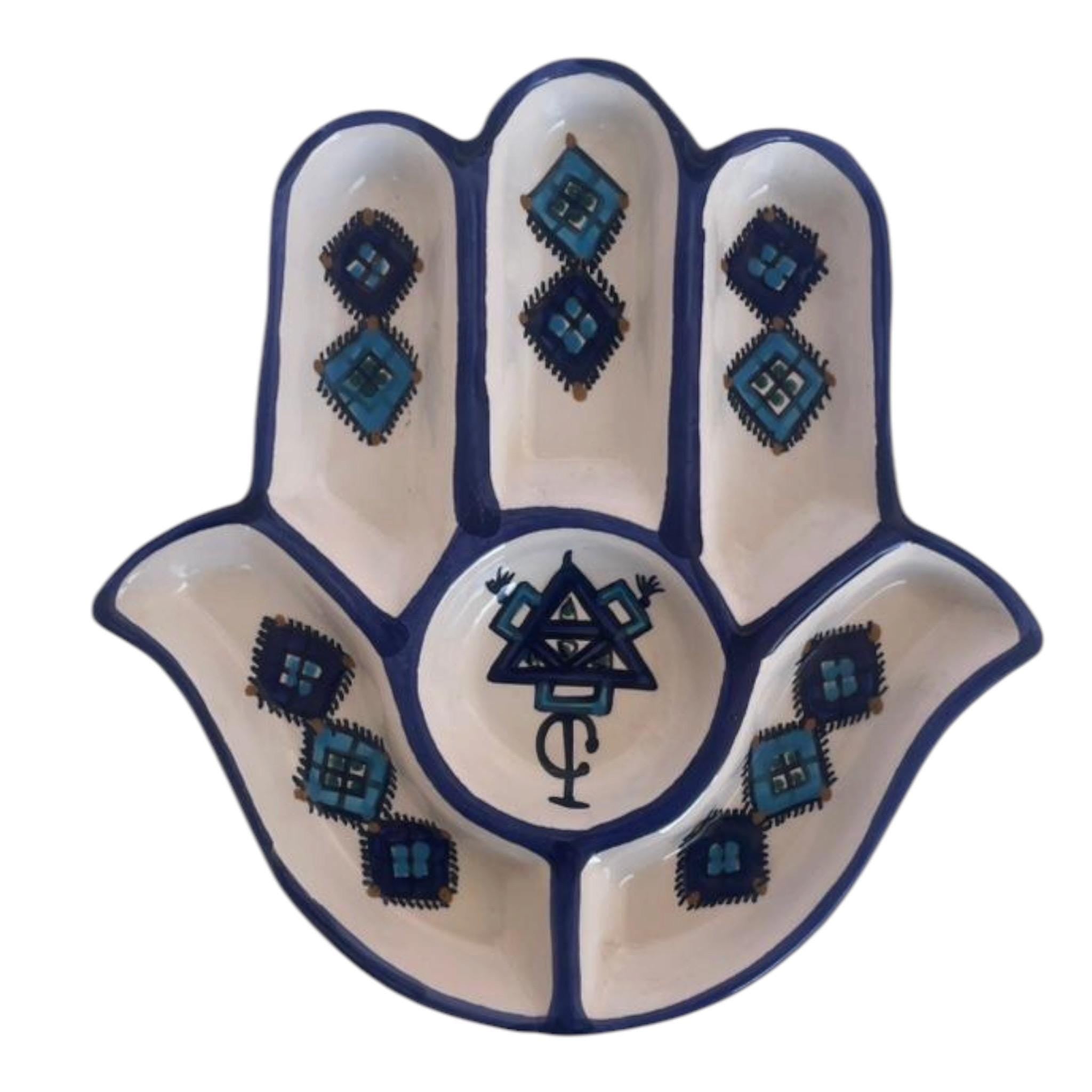 Handmade Tunisian Ceramic Hamsa Serving Platter – Dark blue and white