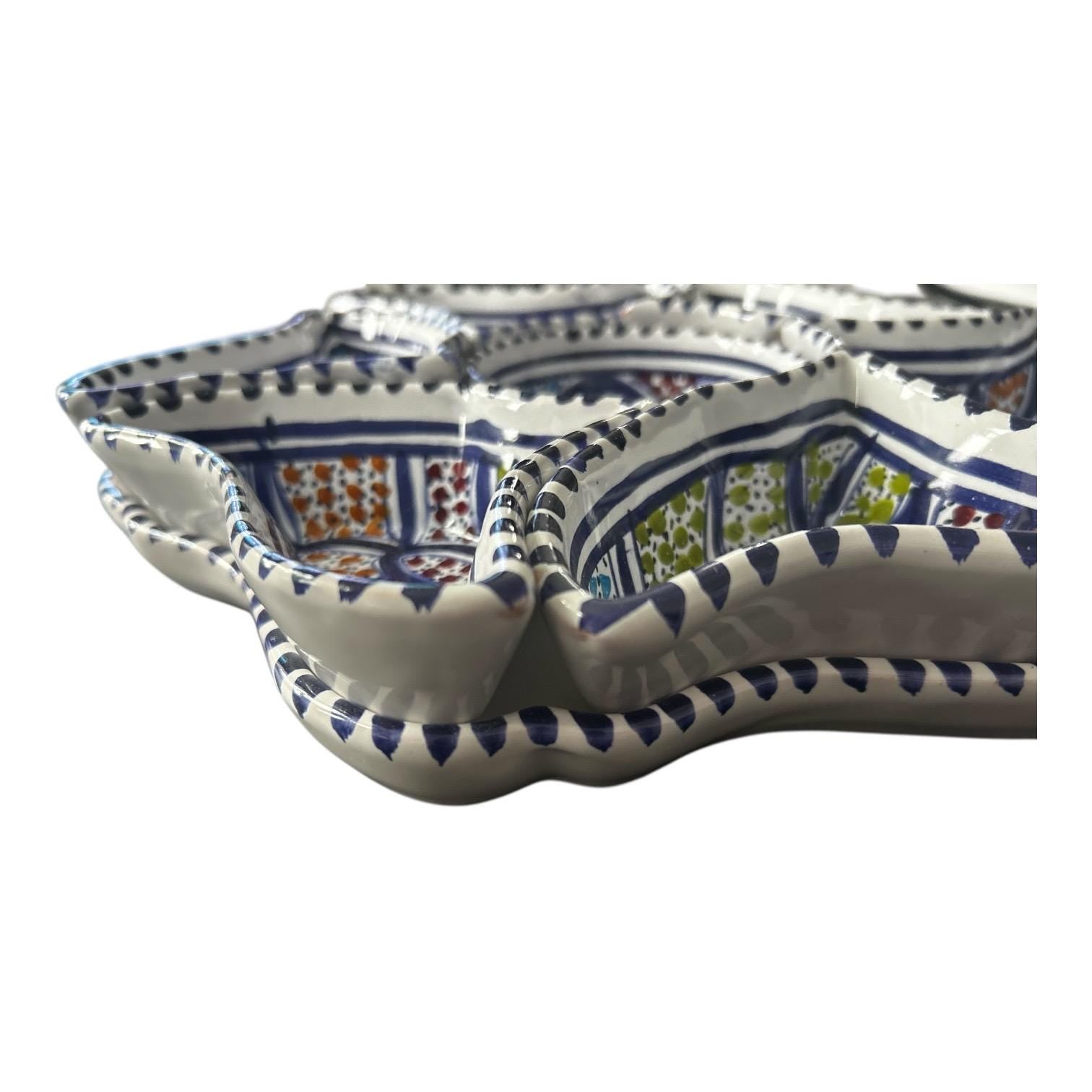 Flower Shaped Snack Dish Set | Handmade Ceramic Mezze Serving Tray | Blue Patterened Entertaining Platter