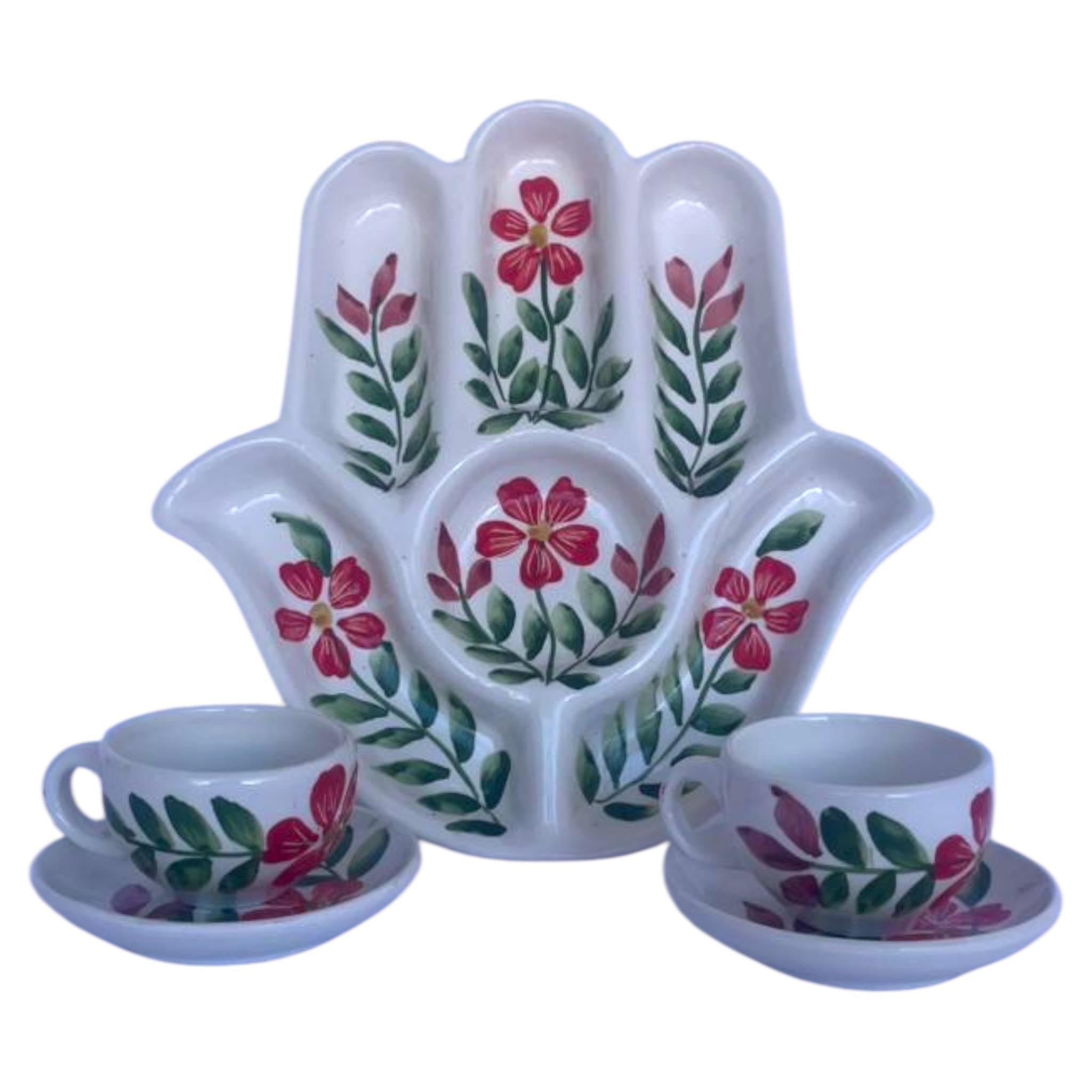 Handmade Ceramic Hamsa Serving Dish – Hand-Painted Floral Design