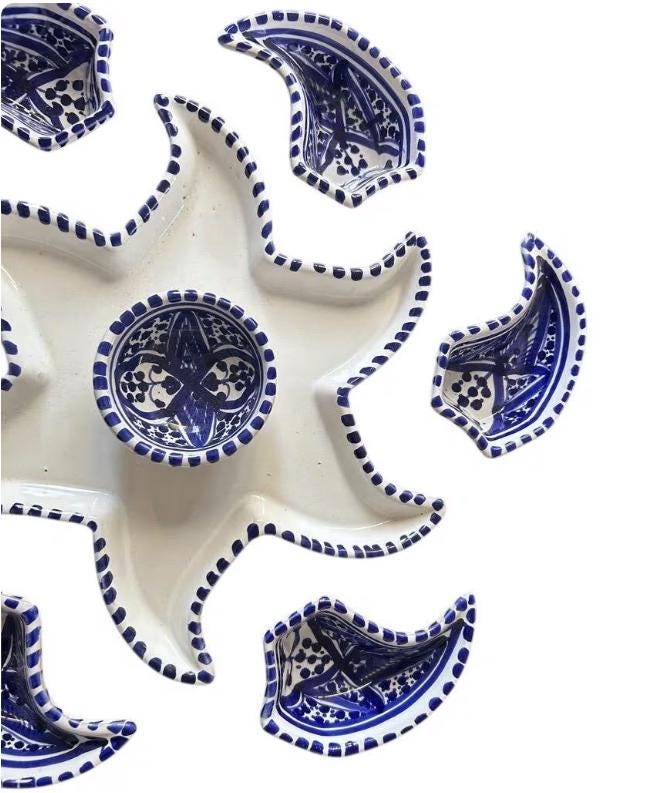 Hand-Painted Tunisian Ceramic Mezze Platter – Blue and White Petal Dishes