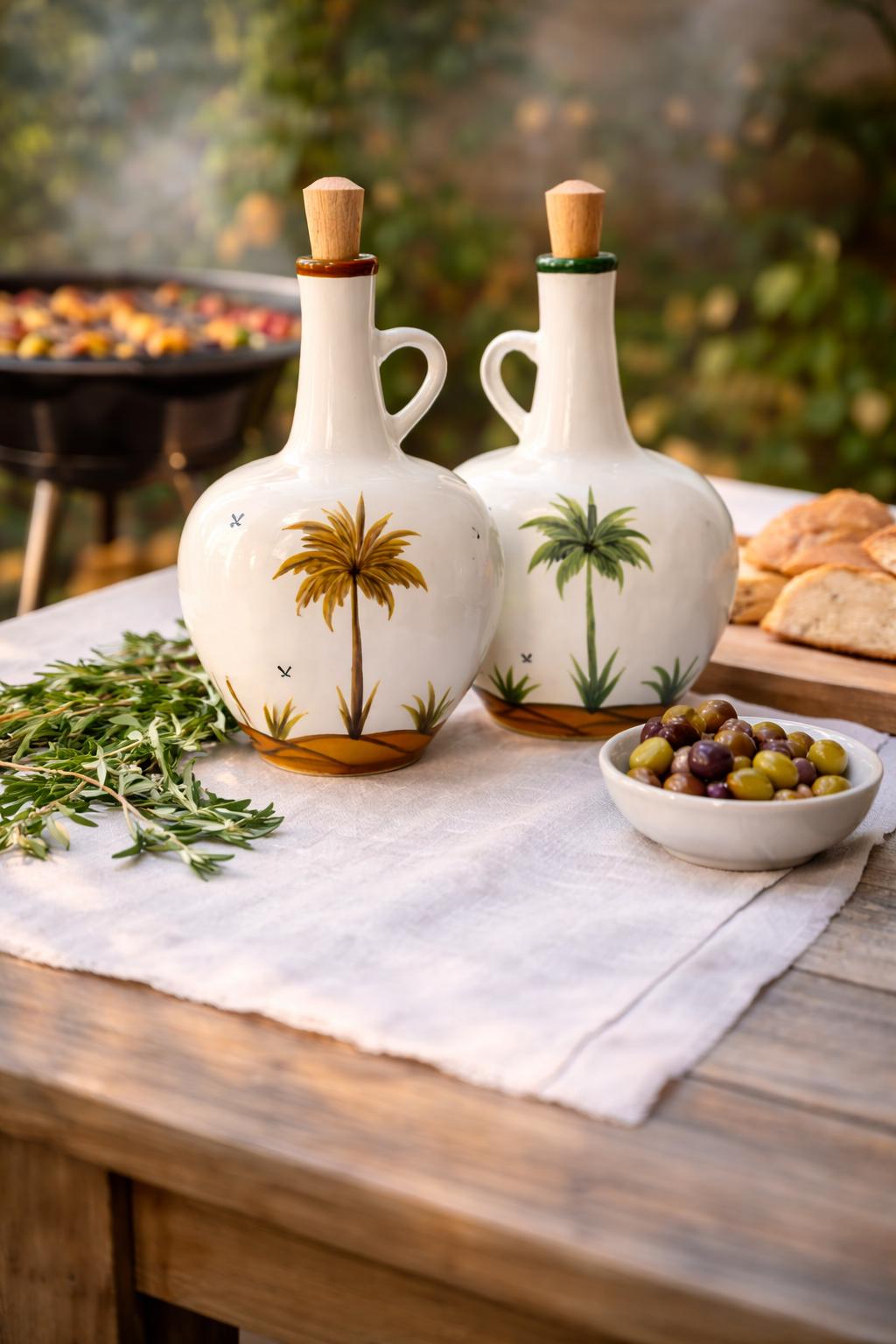 Hand Painted Ceramic Oil & Vinegar Bottle Set | Tunisian Kitchen Decor