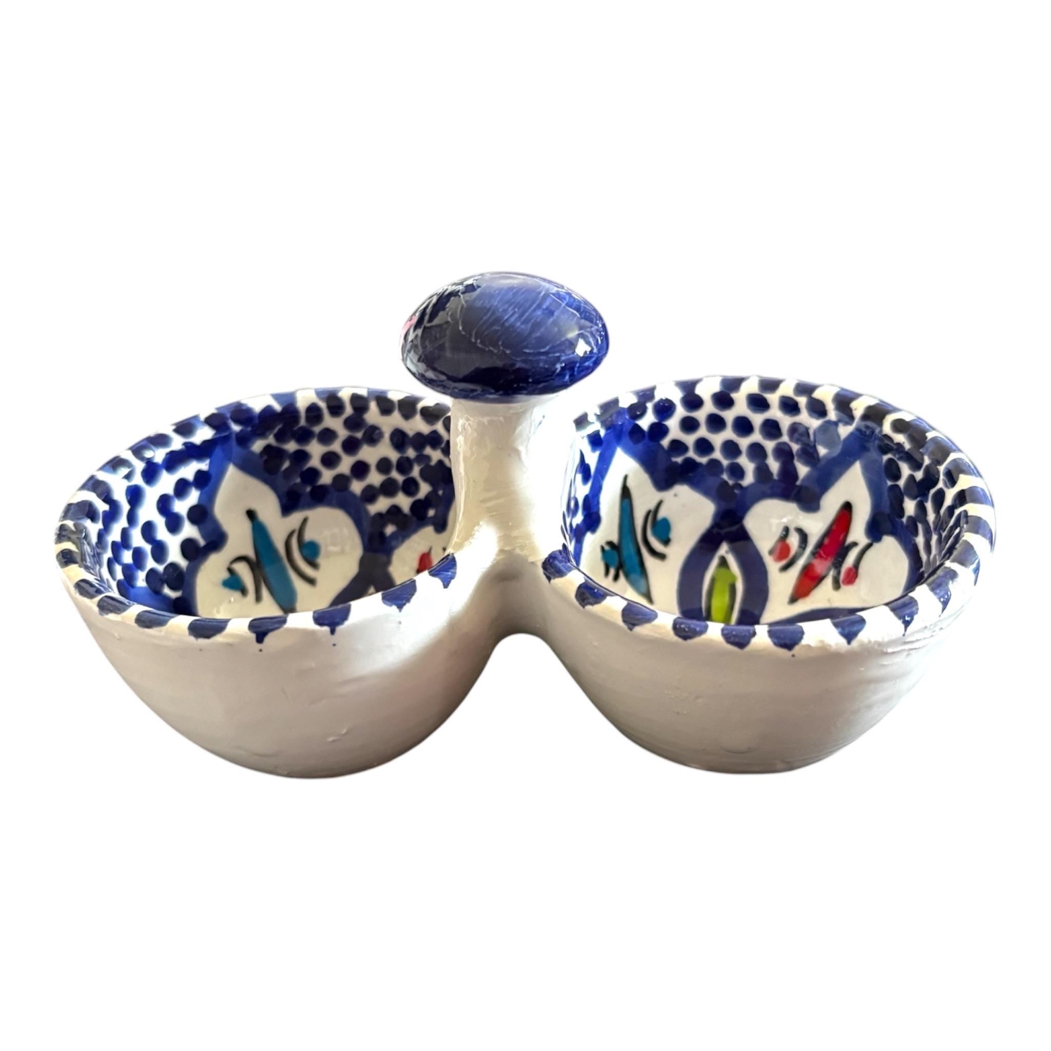 Hand-Painted Tunisian Ceramic Serving Dish | 3 Section Mezze Bowl Set | Artisan Dip & Snack Serving | Blue