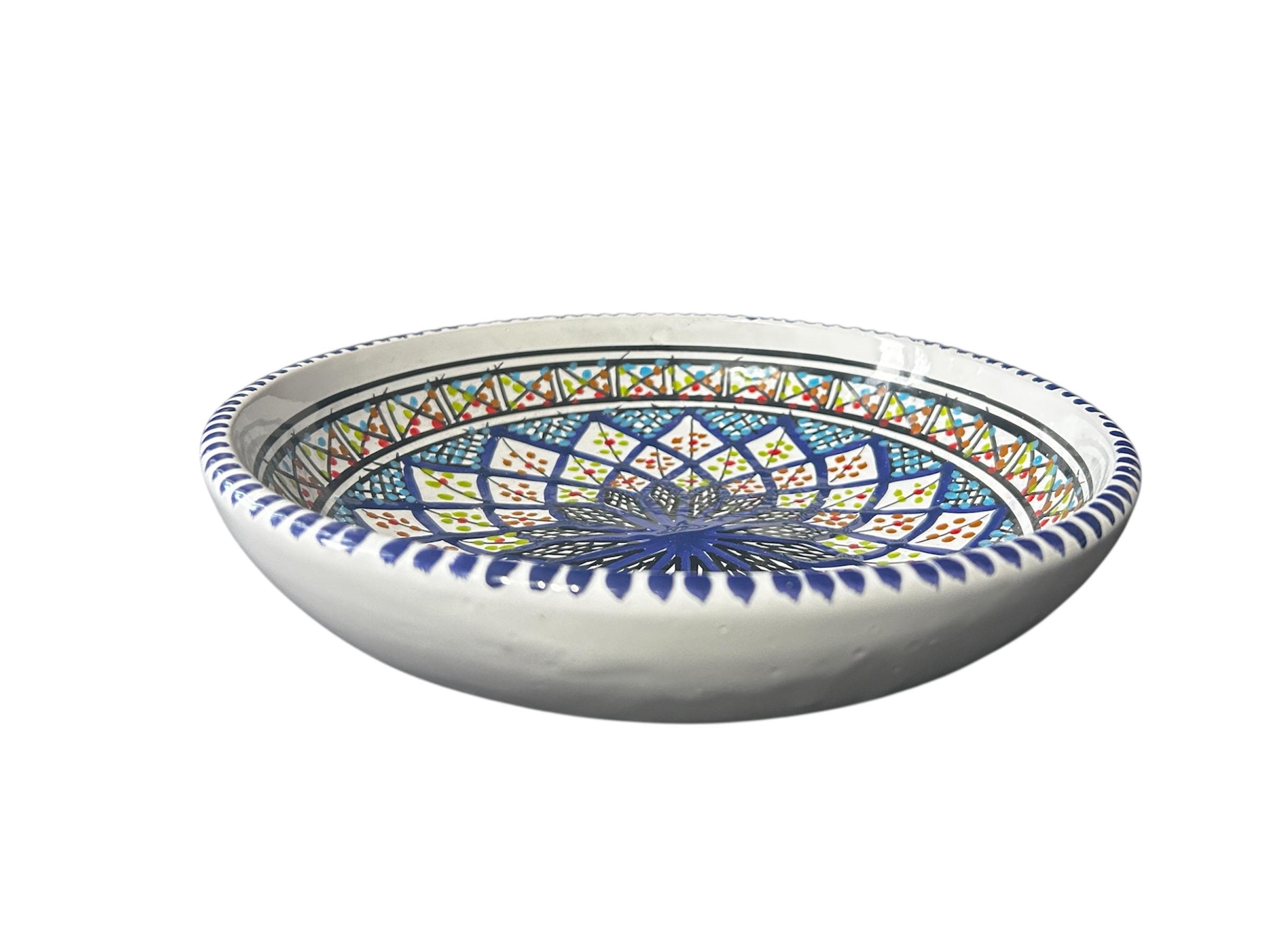 Handmade Tunisian Ceramic Pasta Bowl (25cm) | Large Shallow Serving Bowl | Rustic Hand-Painted Pottery Dish