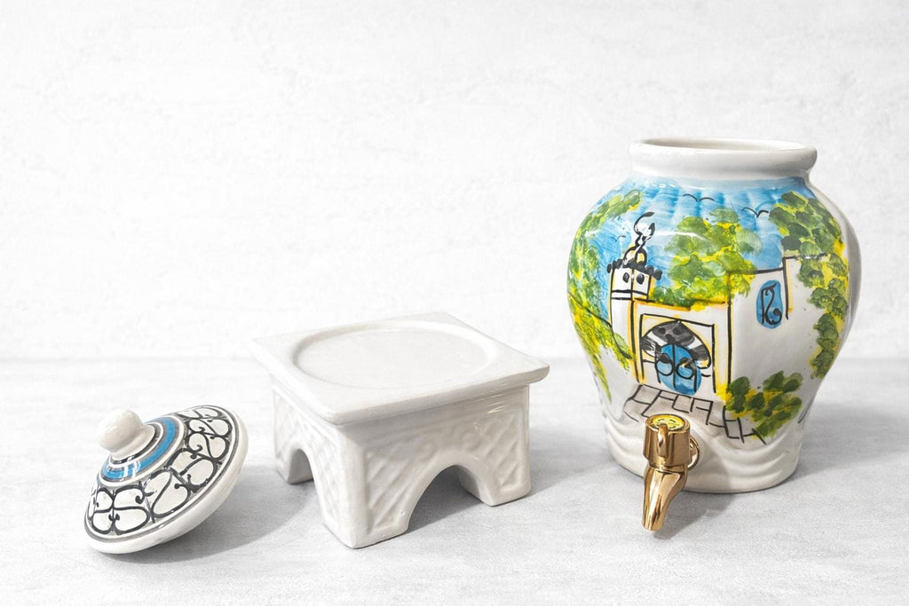 Hand Painted Ceramic Oil Dispenser with Stand | Tunisian Kitchen Decor