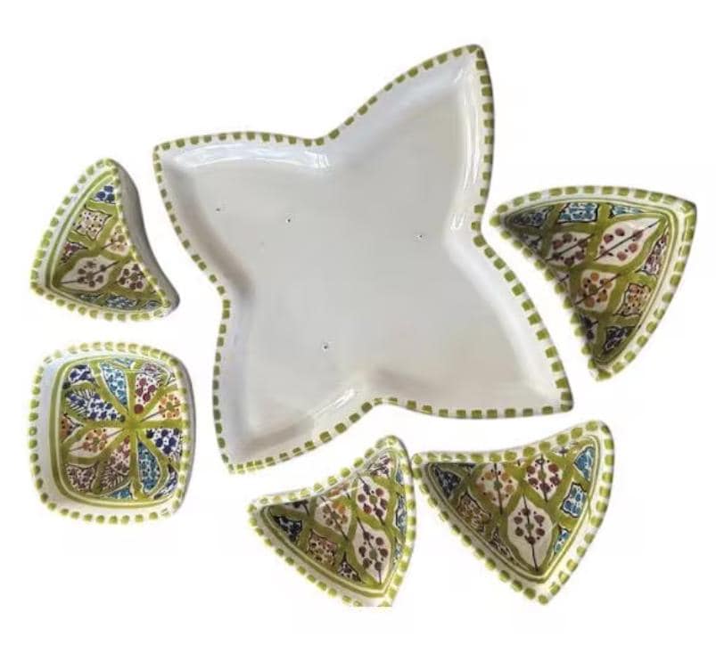 Hand-Painted Tunisian Ceramic Mezze Set with Serving Tray - Green