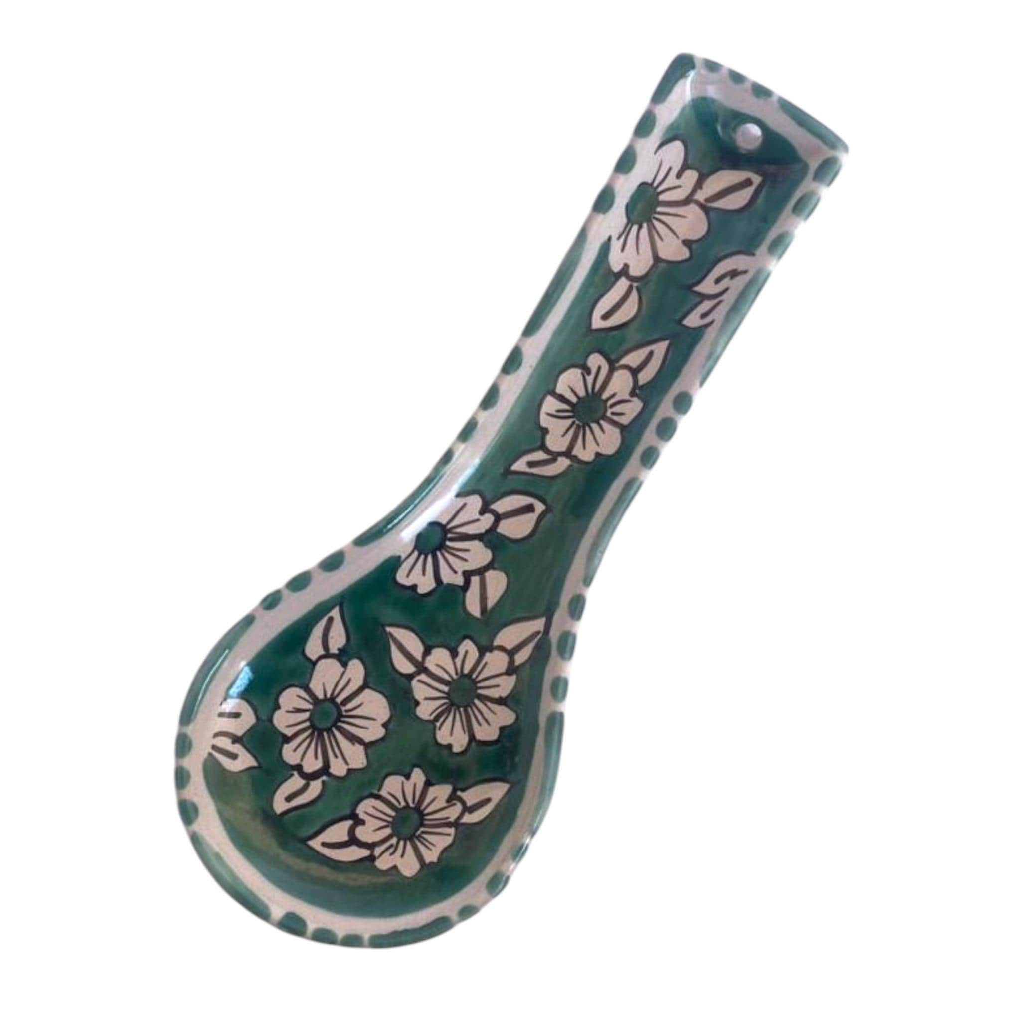 Large Ceramic Spoon Rest (26cm) | Hand-Painted Tunisian Kitchenware - Green floral design