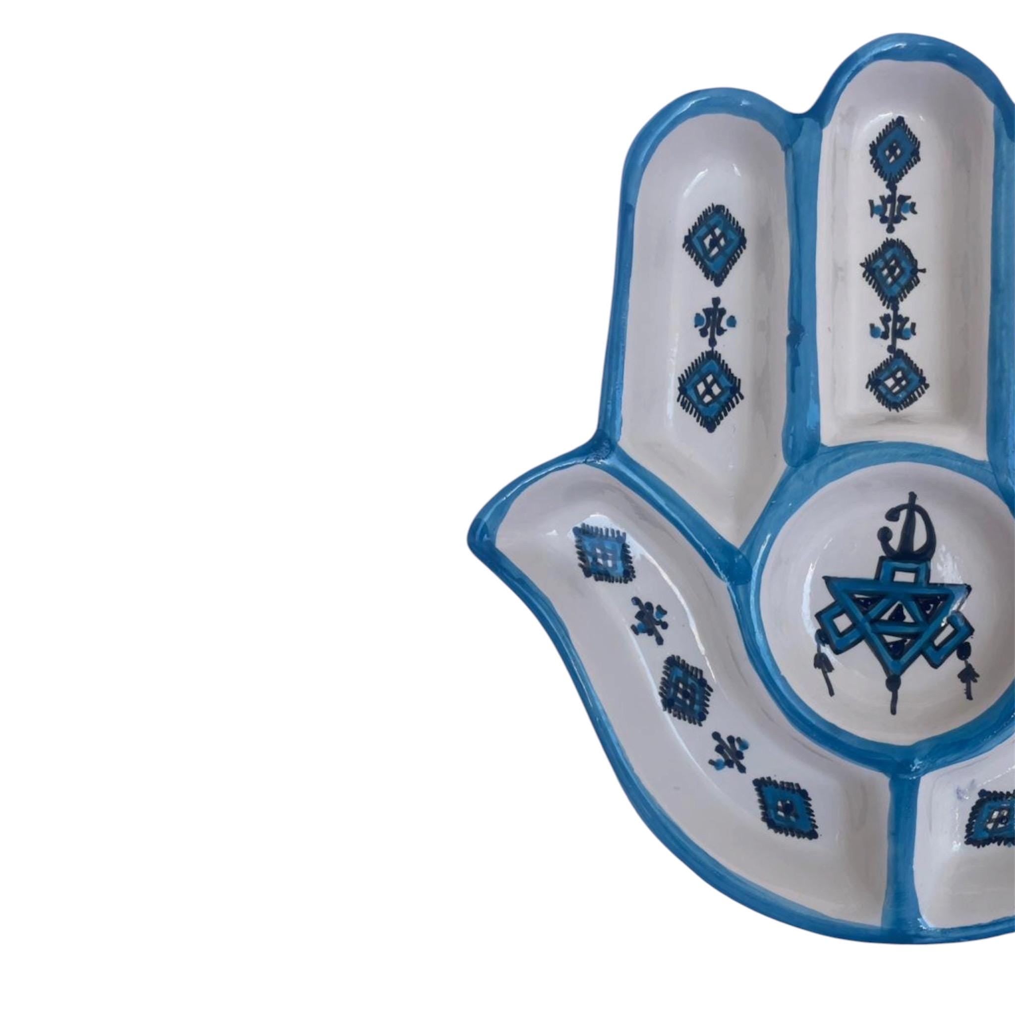 Handmade Tunisian Ceramic Hamsa Serving Platter – Light blue and white