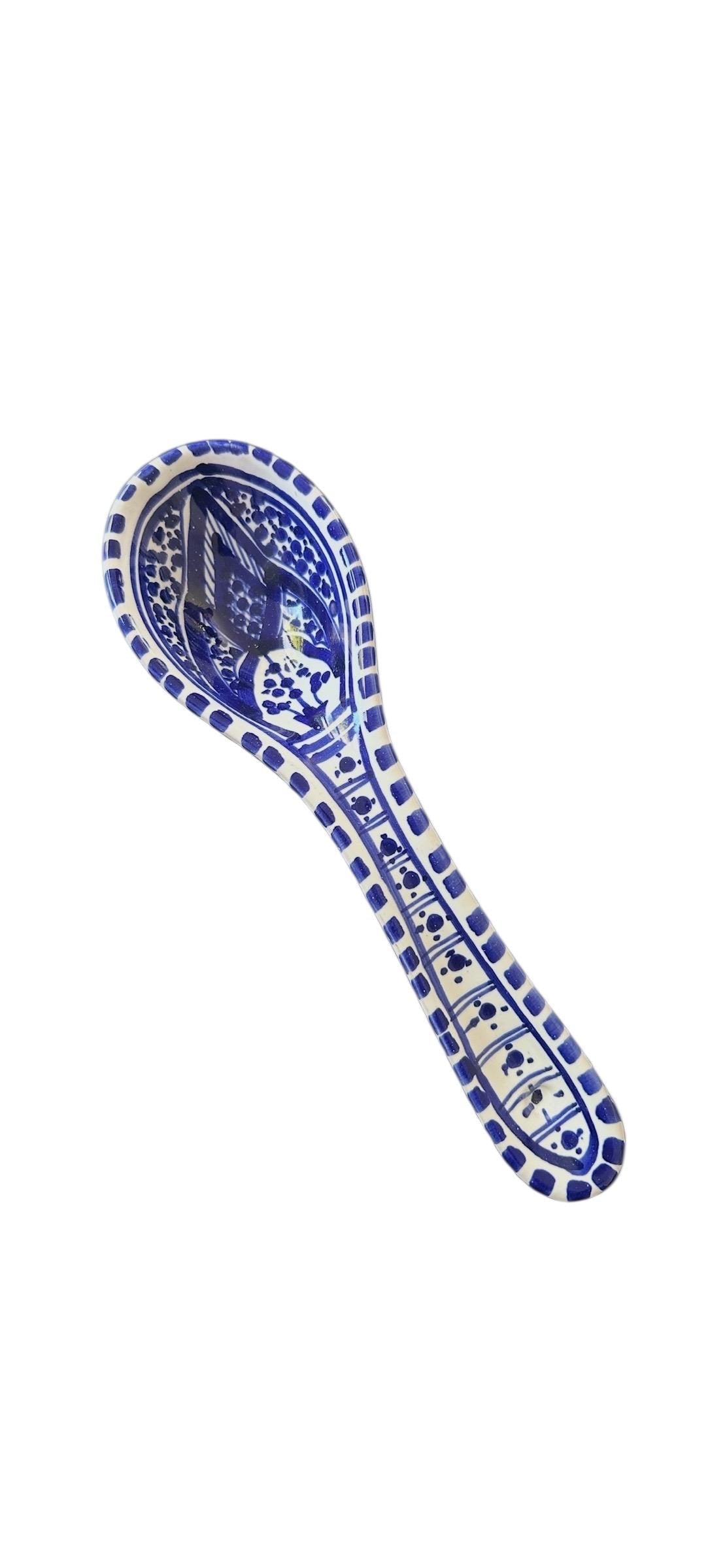 Handmade Tunisian Ceramic Spoon Rest | Colorful Mediterranean Kitchen Decor - Blue & White
