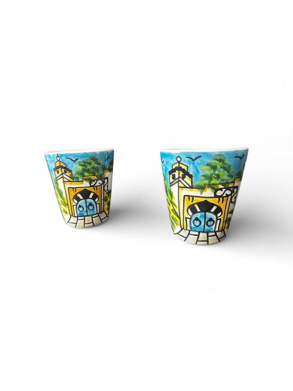 Hand-Painted Ceramic Mug Set | Mediterranean Coastal Village Design