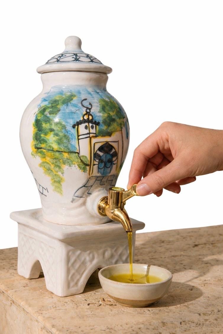 Hand Painted Ceramic Oil Dispenser with Stand | Tunisian Kitchen Decor