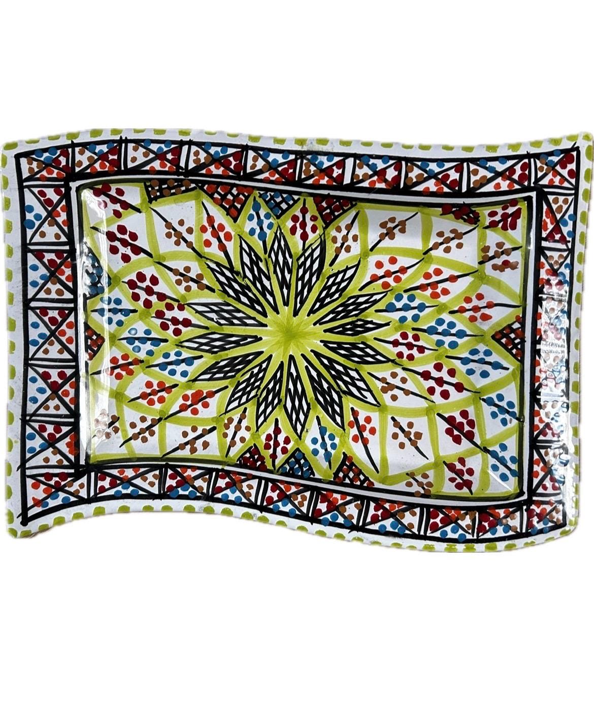 Hand-Painted Tunisian Rectangular Serving Plate With Wavy Edge | Large & Small Side Dish