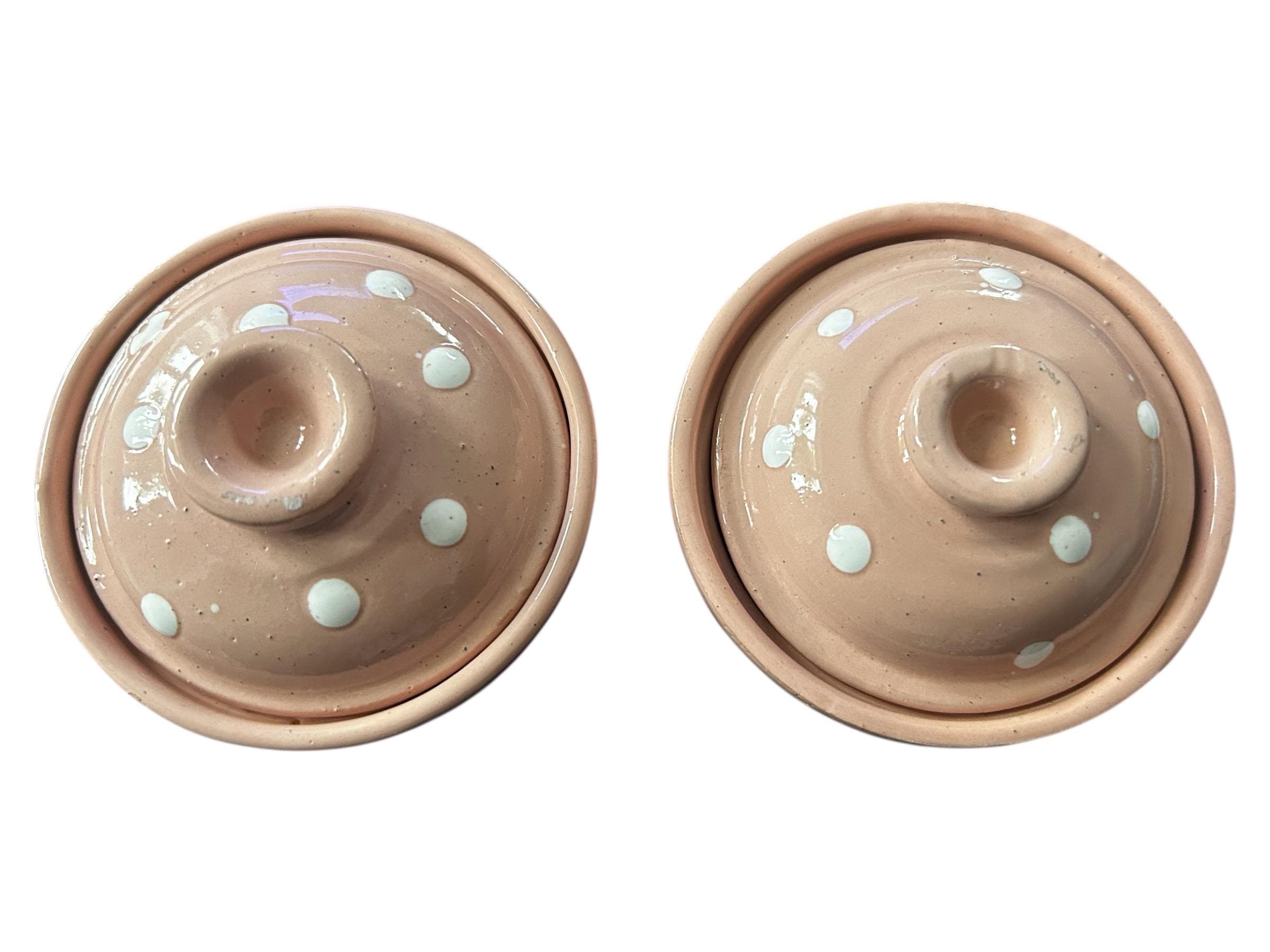 Hand-Painted Pink Ceramic Lidded Bowl | Small Storage Pot with White Dots | Tunisian Stoneware