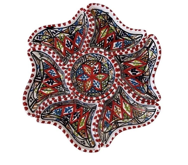 Handmade Tunisian Ceramic Snack Dish – Flower Shaped Tapas Plate - Red