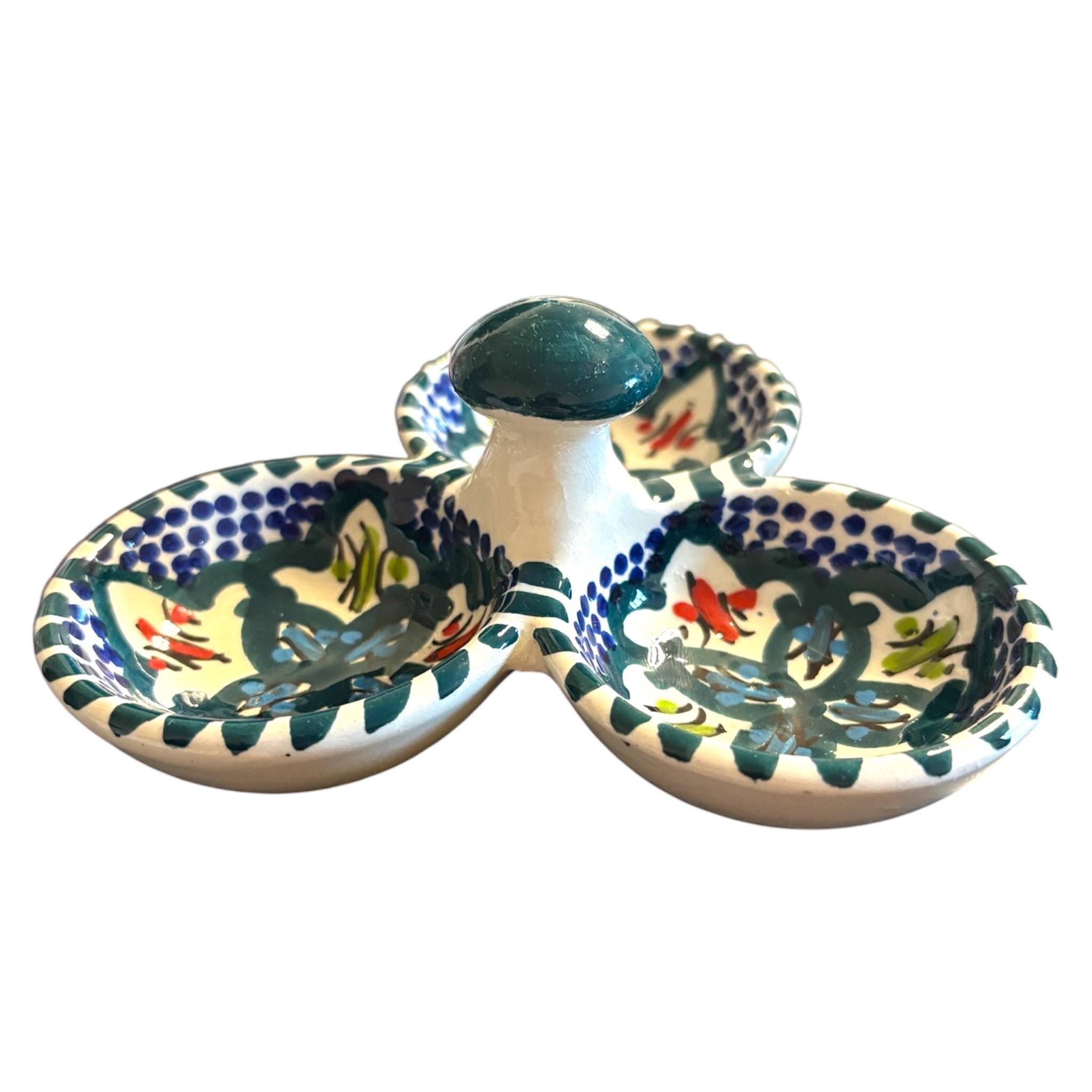 Hand-Painted Tunisian Ceramic Serving Dish | 3 Section Mezze Bowl Set | Artisan Dip & Snack Serving | Green